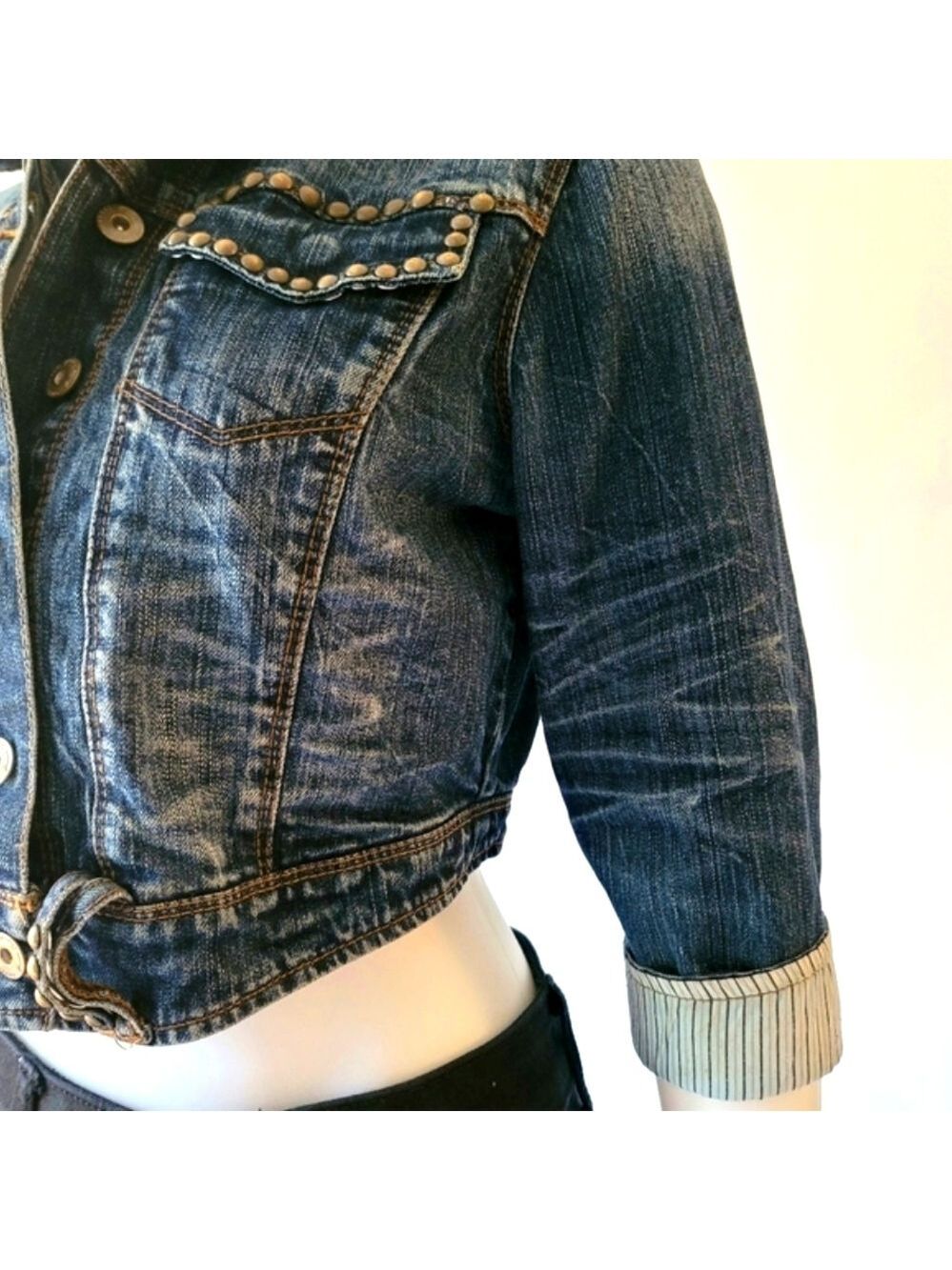 American Rag Cie Women's Semi-Cropped Studded 3/4 Sleeve Jean Jacket Size M
